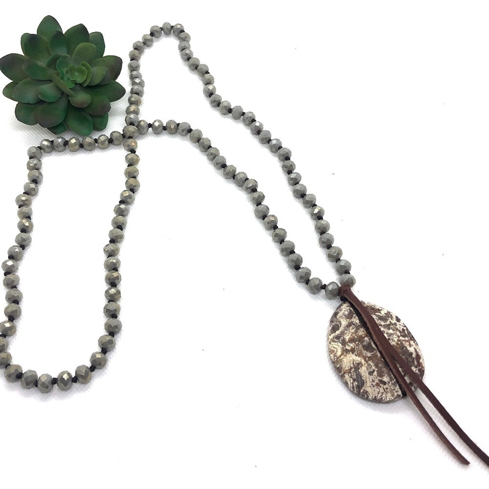 NWOT Artisan Rosary Beaded Pendant Necklace with Large Jasper Stone and Leather - Picture 2 of 4